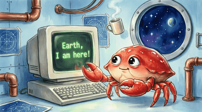 [Illustration: A cheerful red-shelled crab with large expressive eyes stands on two legs beside a retro computer monitor. The screen displays glowing green text reading “Earth, I am here!” The background shows a slightly messy spaceship interior with a round window revealing a starry sky. The art style is vibrant and warm, perfect for children’s books.]