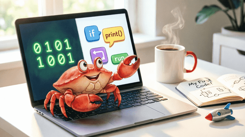 [Illustration: A laptop screen shows a split view: on the left side are zeros and ones, on the right side are colorful code blocks. A small friendly crab mascot sits on the keyboard pointing at the code. The background shows a simple desk with a coffee mug, notebook, and a tiny toy rocket. Clean, bright, educational style.]