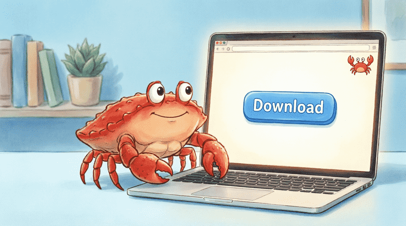 [Illustration: A close-up of a laptop screen displaying the rustup.rs homepage. A large, inviting blue “Download” button is visible. A tiny cartoon crab logo peeks from the corner of the browser window. The background shows a clean, minimal desk setup with soft pastel lighting. Modern educational illustration style with clear UI focus.]