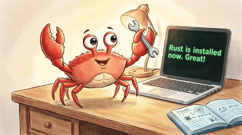 [Illustration: A terminal window with dark background and bright green success text “Rust is installed now. Great!” Next to the screen, Ferris the crab is doing a happy little dance, holding a tiny wrench. The desk has a small lamp and a notebook. Cheerful, cartoon, educational style with vibrant colors.]