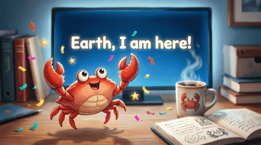 [Illustration: Ferris the crab jumping joyfully in front of a terminal screen that displays “Earth, I am here!” Colorful confetti and tiny stars float around. The background shows a cozy desk with a mug and notebook. Vibrant, celebratory children’s book illustration with high energy.]