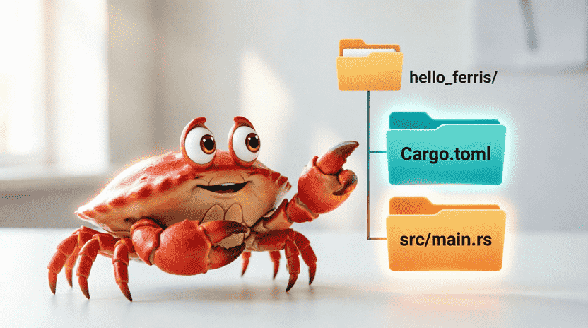 [Illustration: A clean infographic-style illustration showing a folder tree: hello_ferris/ containing Cargo.toml and src/main.rs highlighted in bright colors. Ferris the crab stands beside it pointing like a tour guide. Modern, educational, vector-based style.]