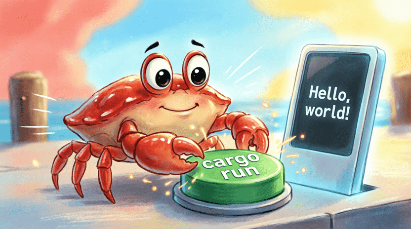[Illustration: Cartoon illustration of Ferris the crab pressing a big green button labeled “cargo run”. Next to him, a terminal screen pops up showing “Hello, world!” Speed lines and sparkles emphasize quick action. Fun, dynamic, children’s book style.]