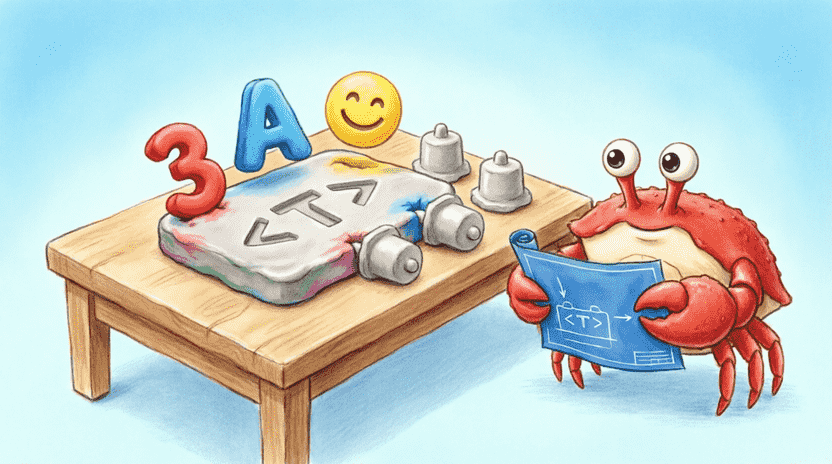 [Illustration: A cartoon workbench with a flexible clay mold labeled <T>. Around it are colorful play-doh shapes (numbers, letters, emojis) being pressed into the mold, each emerging as a perfectly formed generic toy. Ferris the crab stands beside it holding a blueprint. Style: playful, educational children’s book illustration, bright colors, clear metaphor.]