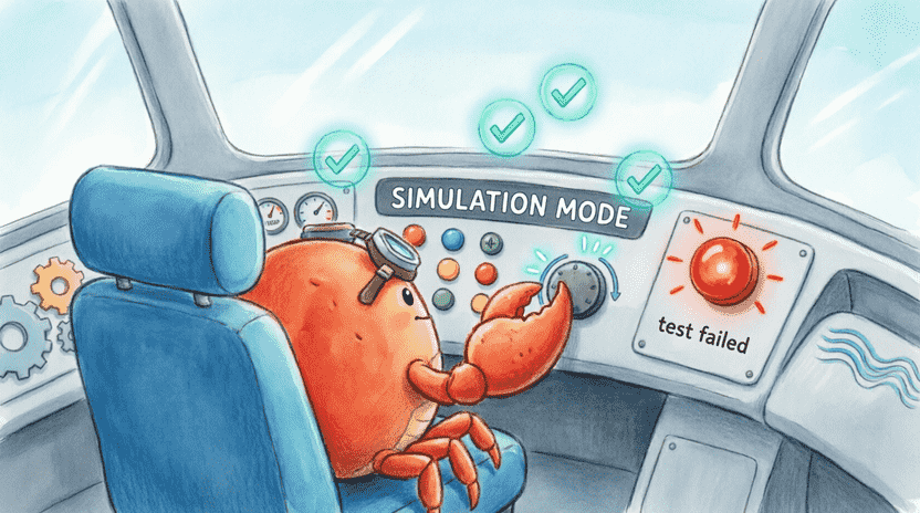 [Illustration: A cartoon cockpit labeled “SIMULATION MODE”. Ferris the crab sits in the pilot seat, pressing buttons on a dashboard. Green checkmarks float above working systems, while a red warning light blinks on a “test failed” panel. Style: vibrant children’s book illustration, playful tech metaphor, soft lighting, 16:9.]