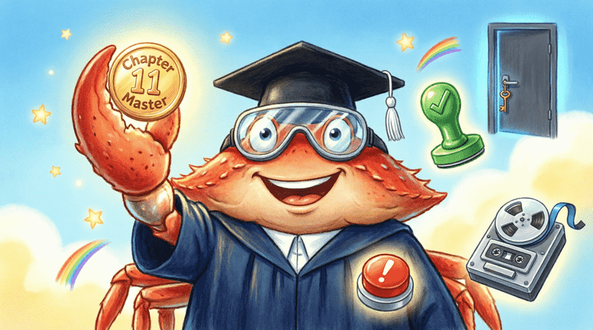 [Illustration: Ferris wearing a graduation cap and safety goggles, holding a glowing “Chapter 11 Master” badge. Floating around him are testing tools: a green checkmark stamp, a red panic button, a mock tape reader, and a hidden lab door. Style: encouraging, vibrant children’s book illustration, celebratory mood, 16:9.]