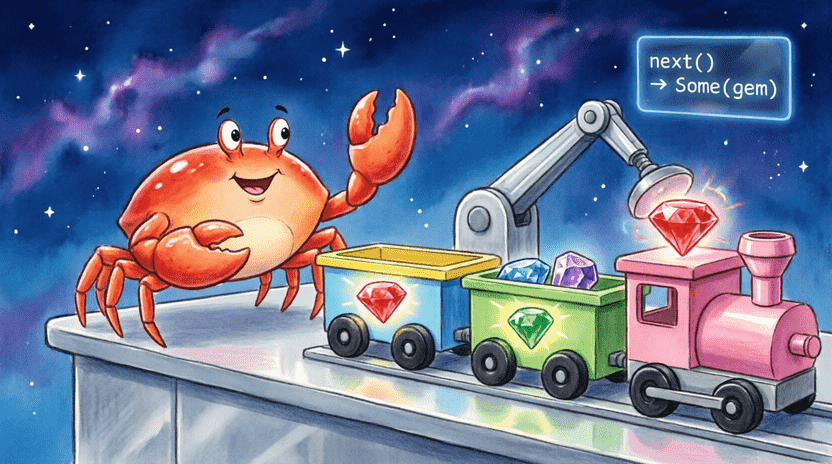 [Illustration: A friendly cartoon crab (Ferris) standing on a platform next to a colorful train. Each train car has a glowing gem inside. A conveyor arm lifts one gem at a time as the train moves slowly. Background: starry sky with a control panel showing “next() → Some(gem)”. Style: vibrant children’s book illustration, playful tech metaphor, soft lighting, 16:9.]