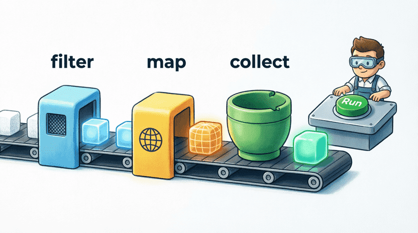 [Illustration: A cartoon factory conveyor belt with labeled machines: “filter”, “map”, “collect”. Glowing cubes travel through, changing shape and color at each station. Ferris operates a control panel with a big green “Run” button. Style: educational vector, bright, clean, 16:9.]