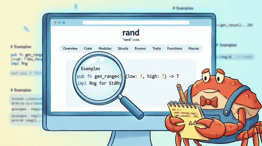 [Illustration: A cartoon computer screen showing the docs.rs website for the “rand” crate. A magnifying glass hovers over a “Examples” section. Ferris stands beside taking notes with a pencil. Style: clean educational vector, bright colors, clear UI focus, 16:9.]