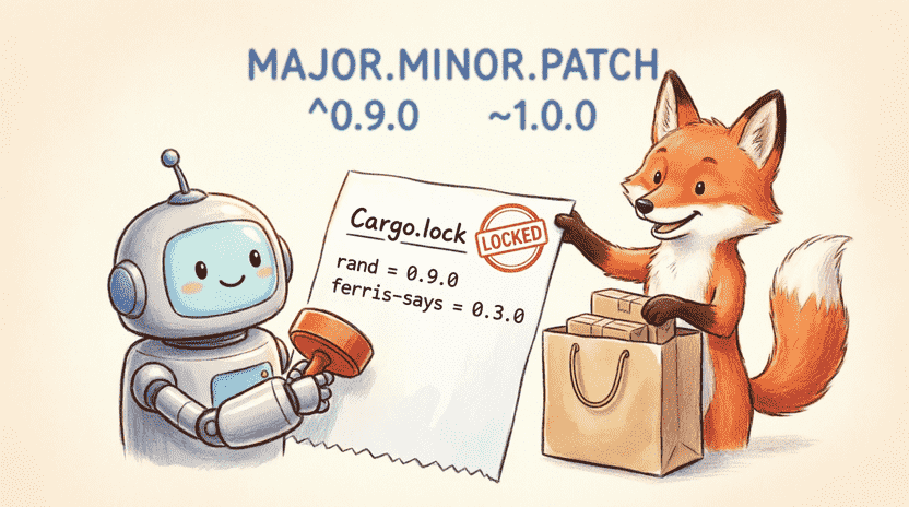 [Illustration: A cartoon receipt labeled “Cargo.lock” with exact version numbers listed (rand = 0.9.0, ferris-says = 0.3.0). A friendly robot stamps it “LOCKED”. Ferris holds the receipt next to a shopping bag. Style: playful metaphor, educational, soft lighting, 16:9.]