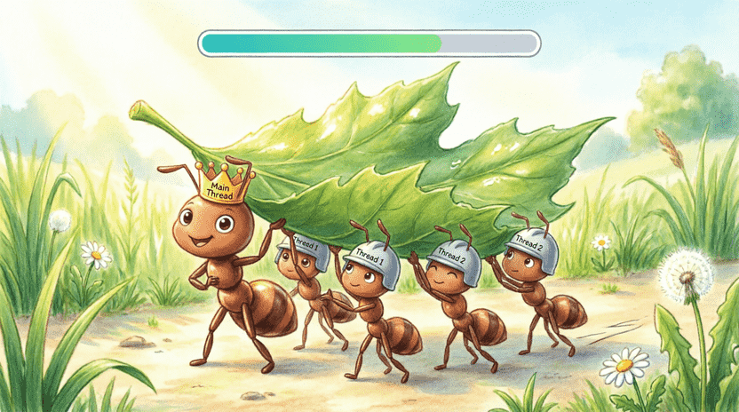[Illustration: Cartoon illustration of a giant leaf being carried by a team of cute worker ants. One ant wears a crown labeled “Main Thread”, others wear small hard hats labeled “Thread 1”, “Thread 2”. Above them, a progress bar fills up. Background: grassy field with soft sunlight. Style: vibrant children’s book, educational metaphor, friendly characters, 16:9.]