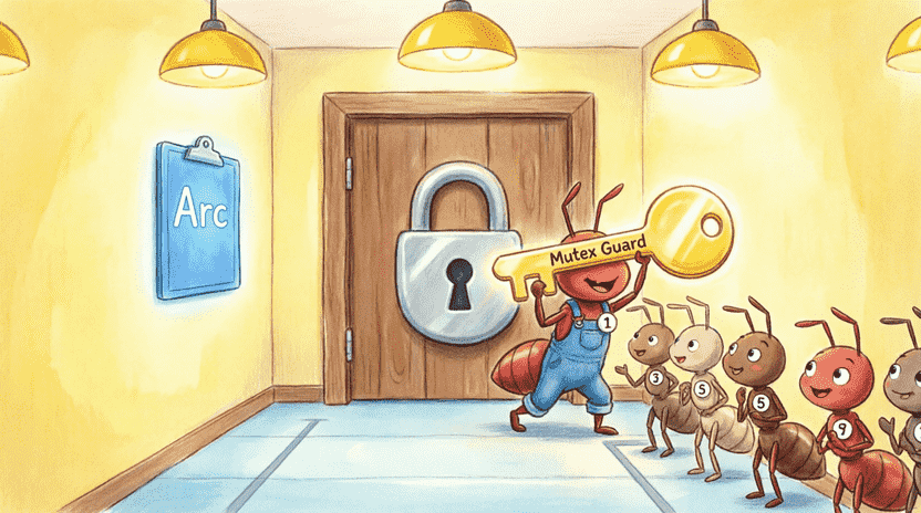 [Illustration: A narrow cartoon hallway with a large padlock on the door. One ant holds a golden key labeled “Mutex Guard”, walking inside. Other ants wait politely in line with numbered tickets. A glowing clipboard labeled “Arc” hangs on the wall. Style: clear educational metaphor, bright, friendly, children’s book, 16:9.]