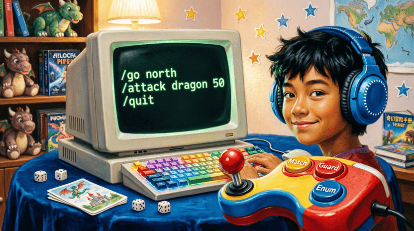 [Illustration: A retro computer terminal screen showing text commands: “/go north”, “/attack dragon 50”, “/quit”. Next to the screen, a cartoon joystick with buttons labeled “Match”, “Guard”, “Enum”. Ferris sits at the keyboard wearing a gaming headset, smiling confidently. Style: cozy gaming setup, vibrant, children’s book illustration, 16:9.]