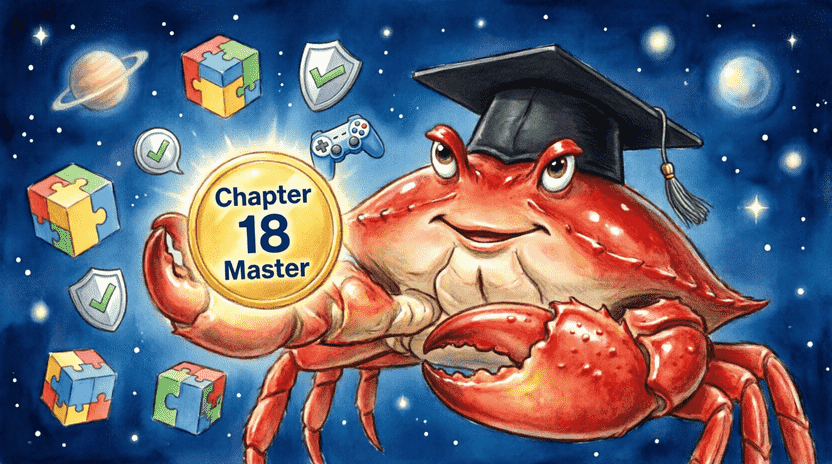 [Illustration: Ferris wearing a graduation cap and holding a glowing “Chapter 18 Master” badge. Floating around him are nested puzzle boxes, match guard shields, and a joystick controller. Background: a starry night sky with a subtle map overlay. Encouraging, vibrant children’s book style, 16:9.]