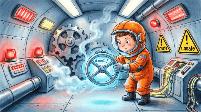 [Illustration: Cartoon spaceship engine room with glowing warning signs labeled “unsafe”. Ferris wears a protective engineer suit and helmet, carefully turning a glowing valve labeled “*mut T”. Steam and soft blue energy fill the room. Style: dramatic but child-friendly, high contrast, vibrant children’s book illustration, 16:9.]