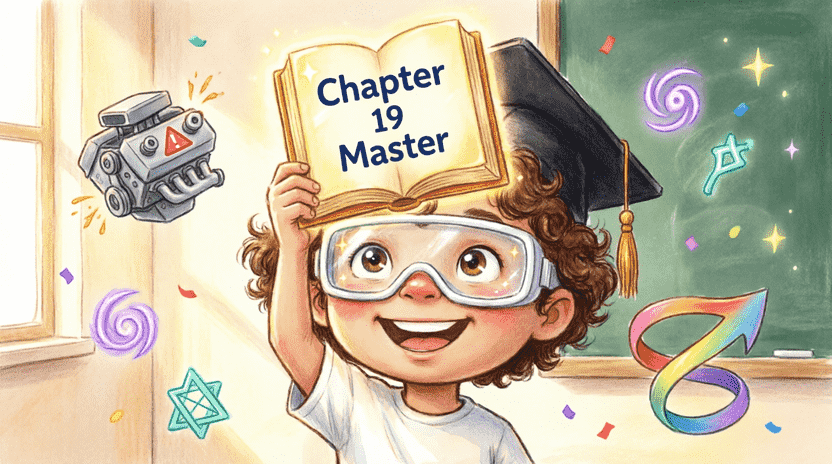 [Illustration: Ferris wearing a graduation cap and safety goggles, holding a glowing “Chapter 19 Master” badge. Floating around him are an unsafe engine core, macro spell symbols, and a repeating loop arrow. Encouraging, vibrant children’s book illustration, celebratory mood, 16:9.]