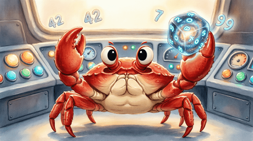 [Illustration: A cartoon scene of Ferris holding a glowing cosmic die. Floating around it are numbers like 42, 7, and 99. The background shows a cozy spaceship control panel with soft blinking lights. Style: playful, vibrant children’s book illustration, warm lighting.]
