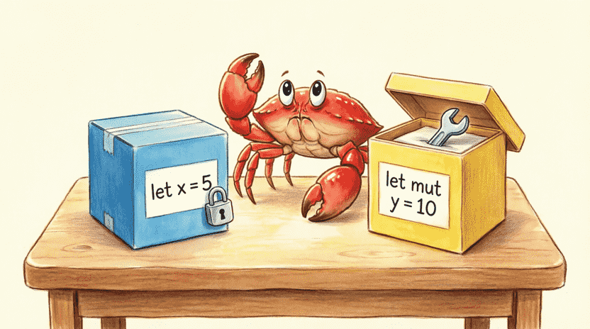 [Illustration: An educational cartoon showing two labeled boxes on a wooden desk. Box 1: “let x = 5” (secured with a small padlock). Box 2: “let mut y = 10” (open, with a tiny wrench inside). Ferris stands beside them, pointing at the difference. Style: bright, clear, infographic-style children’s illustration.]