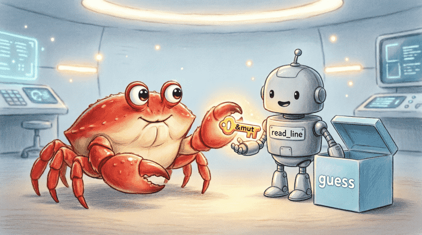 [Illustration: Ferris handing a glowing key labeled “&mut” to a small, friendly robot labeled “read_line”. The robot stands next to an open box named “guess”. Background: a soft, tech-themed workspace. Style: metaphorical, warm children’s book illustration.]