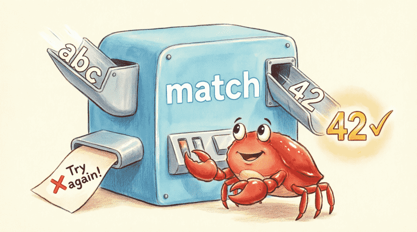 [Illustration: A cartoon sorting machine labeled “match”. Left chute: text “abc” goes in, comes out as “❌ Try again!”. Right chute: text “42” goes in, comes out as a golden “42 ✅”. Ferris operates the machine with a friendly smile. Style: playful, technical metaphor, children’s book.]