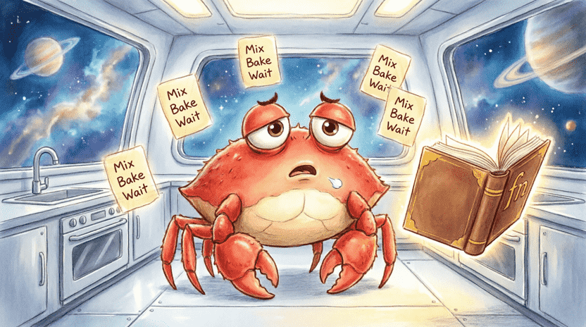 [Illustration: A cartoon scene inside a spaceship kitchen. Ferris looks exhausted, surrounded by floating recipe cards that repeat “Mix, Bake, Wait.” A glowing magical cookbook labeled “fn” appears, promising to save the day. Style: vibrant children’s book illustration, warm lighting, playful mood.]