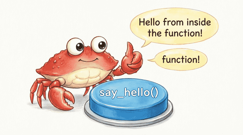 [Illustration: An educational illustration showing a large button labeled “say_hello()” being pressed three times. Each press triggers a speech bubble saying “Hello from inside the function!”. Ferris stands beside it giving a thumbs up. Style: clean, cartoon, educational infographic, bright colors.]