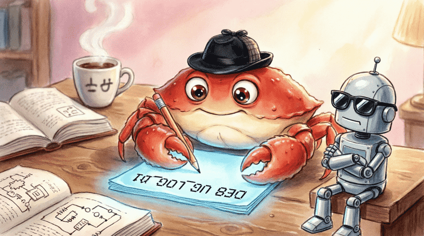 [Illustration: Ferris wearing a detective hat, writing a secret note inside a glowing code file. A small compiler robot next to him wears sunglasses and ignores the note. Background: cozy desk with coffee and books. Style: whimsical children’s book illustration, soft lighting.]