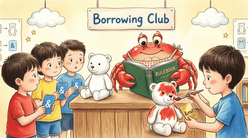 [Illustration: A cartoon scene at a “Borrowing Club” desk. On the left, several kids hold blue cards labeled “&” while looking at a toy. On the right, one kid holds a golden card labeled “&mut” and is carefully painting the toy. Ferris stands behind the desk holding a large rulebook. Style: playful, educational, vibrant colors, clear visual metaphor, 16:9 aspect ratio.]