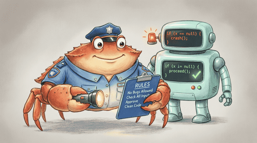 [Illustration: Ferris wearing a friendly security guard uniform, holding a flashlight and checking a rule clipboard. In the background, a cartoon compiler robot shows a red warning light next to broken code and a green checkmark next to safe code. Style: gentle technical metaphor, children’s book illustration, soft lighting, 16:9 aspect ratio.]