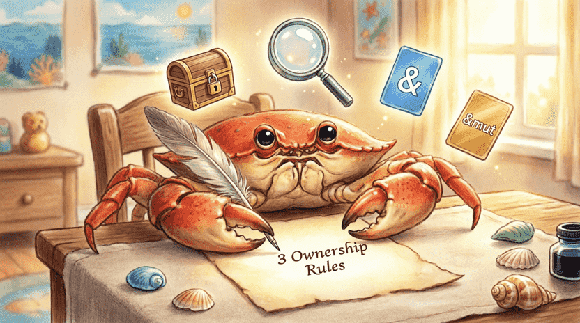 [Illustration: Ferris sitting at a cozy wooden desk, carefully writing the “3 Ownership Rules” on a glowing parchment. Floating around him are small icons: a locked box (ownership), a blue card (&), a golden card (&mut), and a magnifying glass (slice). Warm, encouraging lighting. Style: children’s book illustration, whimsical, high detail, 16:9 aspect ratio.]