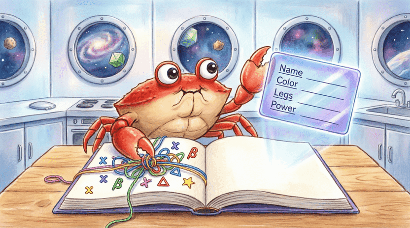 [Illustration: A magical notebook open on a wooden desk. The left page shows messy scattered variables tied together with tangled string. The right page displays a clean, glowing ID card template with labeled slots: “Name”, “Color”, “Legs”, “Power”. Ferris stands proudly pointing at the organized page. Style: vibrant children’s book illustration, educational metaphor, soft lighting, 16:9.]