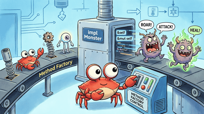 [Illustration: Cartoon scene showing a “Method Factory” conveyor belt. Crabs input raw monster parts, a machine labeled “impl Monster” adds behaviors (roar, attack, heal) via &self/&mut self tags, and finished monsters roll out with speech bubbles. Ferris operates a control panel. Style: dynamic, educational, bright colors, 16:9.]