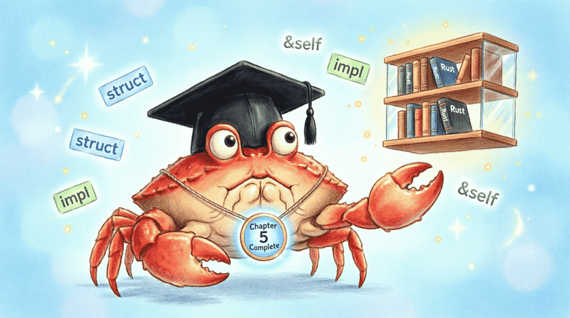[Illustration: Ferris wearing a graduation cap, holding a glowing “Chapter 5 Complete” badge. Floating around him are mini structs, impl blocks, and &self tags turning into a neat organized library. Encouraging, bright lighting, children’s book style.]