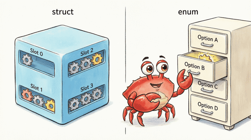[Illustration: Split educational graphic. Left: a “struct” box showing all four slots filled at once. Right: an “enum” wardrobe with four drawers, but only ONE drawer is open at a time. Ferris points to the open drawer explaining the difference. Style: clean, cartoon, bright colors, clear visual metaphor, 16:9.]