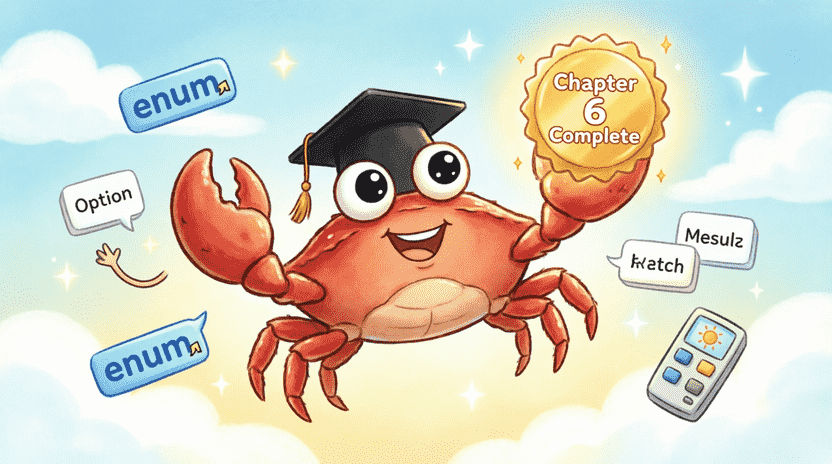 [Illustration: Ferris wearing a graduation cap, holding a glowing “Chapter 6 Complete” badge. Floating around him are colorful enum tags, match arms, Option/Result boxes, and a small weather remote. Encouraging, bright lighting, children’s book style, 16:9.]