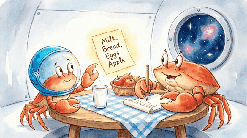 [Illustration: A cute cartoon crab (Ferris) holding a magical floating shopping list that keeps growing and shrinking. Items like milk, bread, eggs, and cheese pop in and out with gentle sparkles. Background: a cozy space-market aisle with glowing shelves. Style: vibrant children’s book illustration, playful, high quality.]