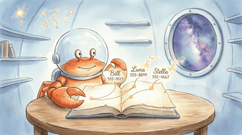 [Illustration: A cartoon crab holding a glowing magical address book. When a page labeled “Luna” opens, a holographic phone number floats out. The background shows a starry galaxy with tiny planets. Style: whimsical, educational children’s book illustration, bright colors.]
