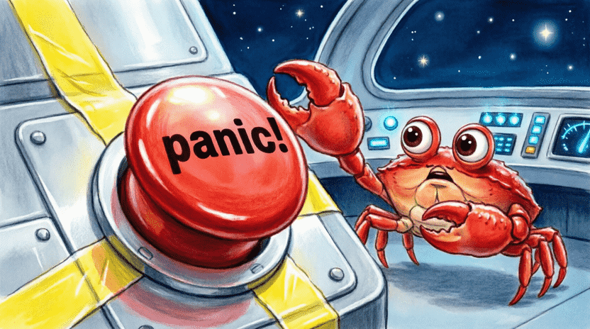 [Illustration: A close-up of a shiny red emergency button labeled “panic!” on a spaceship control panel, surrounded by yellow warning tape. Ferris the crab stands nearby with a shocked expression, holding his claws up to stop someone from pressing it. Style: vibrant, dramatic but child-friendly, high contrast, soft lighting.]