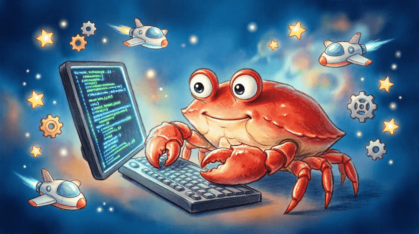 Wide cartoon scene showing Ferris the red crab sitting in front of a dark terminal screen, typing with his claws. Glowing code lines reflect on his shell. Floating around him are tiny cartoon spaceships, stars, and gears. Bottom text area reserved for caption. Style: whimsical, colorful, high-quality children's book illustration, cinematic lighting