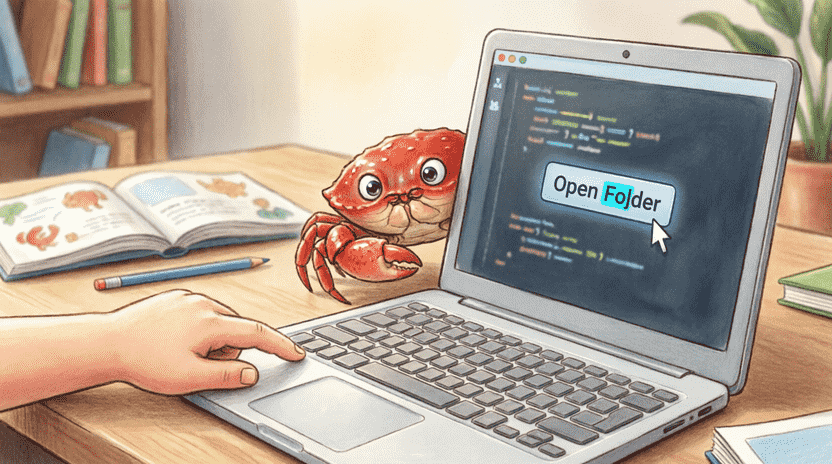 Illustration of a child's hand clicking "Open Folder" in VS Code interface. The folder name "majara" is highlighted in blue. Ferris the crab peeks curiously from behind the monitor. Style: semi-realistic cartoon, warm lighting, educational