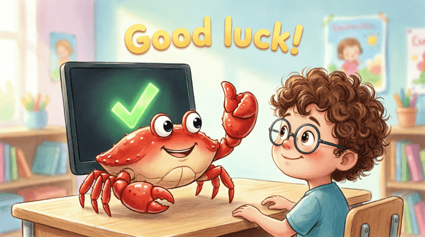 Child sitting at a desk looking happily at a computer terminal with a big green checkmark on screen. Ferris the crab stands on the desk giving a thumbs up. Floating text "Good luck!" in playful font above. Style: encouraging, bright, cartoon children's book illustration