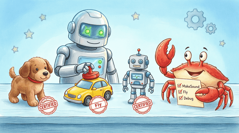 [Illustration: A cartoon quality control desk. A friendly robot inspector stamps “CERTIFIED” badges labeled “MakeSound”, “Fly”, and “Debug” onto different toys (dog, car, robot). Ferris watches proudly holding a checklist. Style: clean vector illustration, educational metaphor, bright colors, 16:9.]