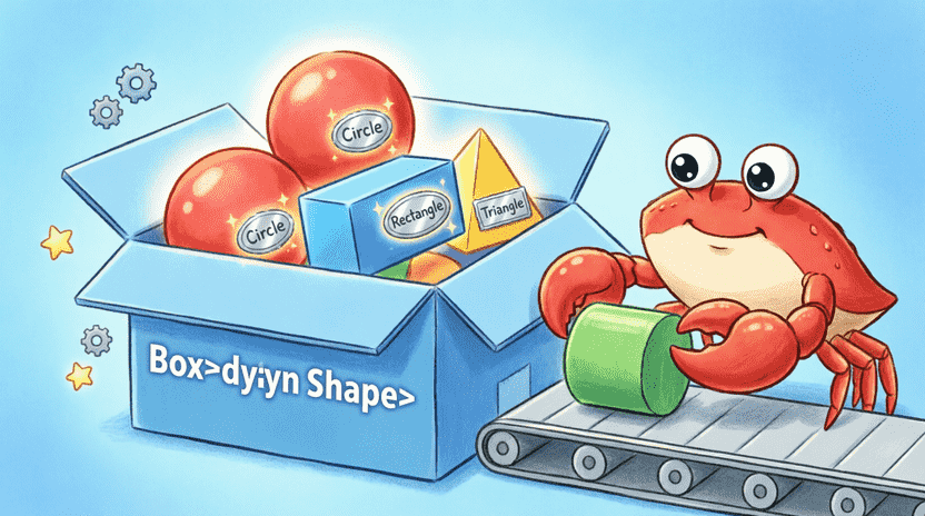 [Illustration: A cartoon universal shipping box labeled “Box<dyn Shape>”. Inside, different 3D shapes (circle, rectangle, triangle) with glowing trait badges are neatly stacked. Ferris operates a conveyor belt placing them into the box. Style: dynamic, educational vector, bright colors, 16:9.]