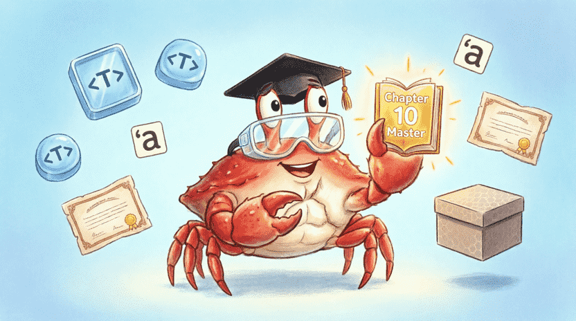 [Illustration: Ferris wearing a graduation cap and safety goggles, holding a glowing “Chapter 10 Master” badge. Floating around him are generic molds <T>, trait certificates, lifetime stickers ’a, and a universal box. Encouraging, bright lighting, children’s book style, 16:9.]