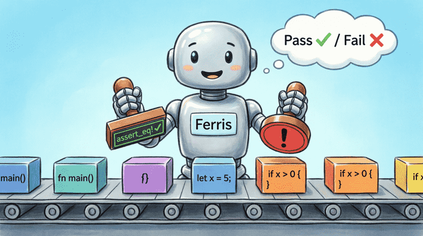 [Illustration: A friendly robot quality inspector holding a rubber stamp. One stamp says “assert_eq! ✅”, the other “assert_ne! ❌”. Ferris stands beside a conveyor belt of code blocks waiting for inspection. Style: clean educational cartoon, bright colors, clear visual metaphor, 16:9.]