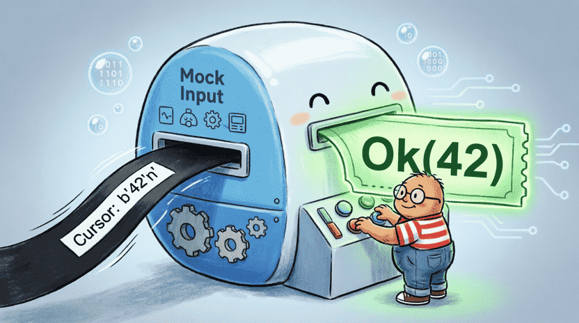 [Illustration: Cartoon scene showing a “Mock Input” machine. A tape labeled “Cursor: b’42\n’” feeds into a reader slot. The machine outputs a glowing green “Ok(42)” ticket. Ferris operates the controls with a satisfied smile. Style: dynamic, educational, bright colors, technical metaphor for children, 16:9.]