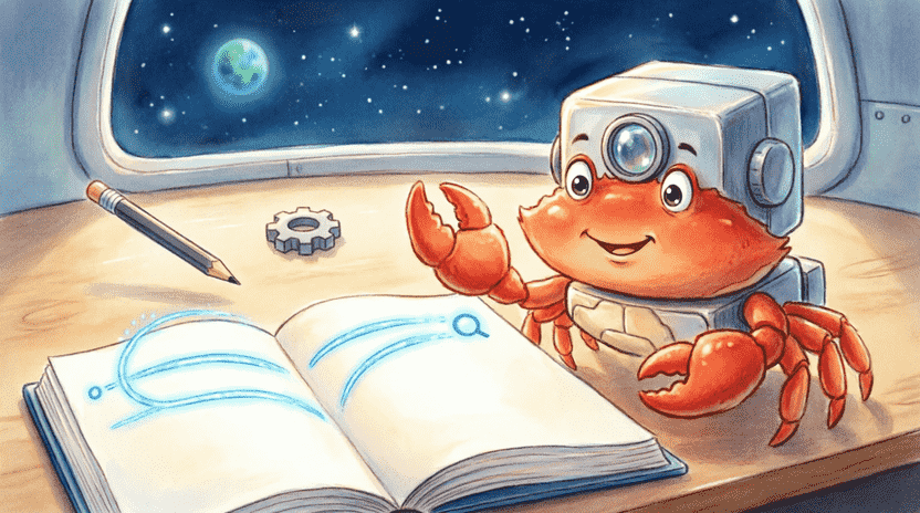 [Illustration: A friendly cartoon crab (Ferris) standing next to a small, boxy robot with a magnifying glass lens. The robot is scanning an open giant notebook with glowing search lines. Background: cozy spaceship desk with starry window. Style: vibrant children’s book illustration, soft lighting, playful tech metaphor, 16:9.]