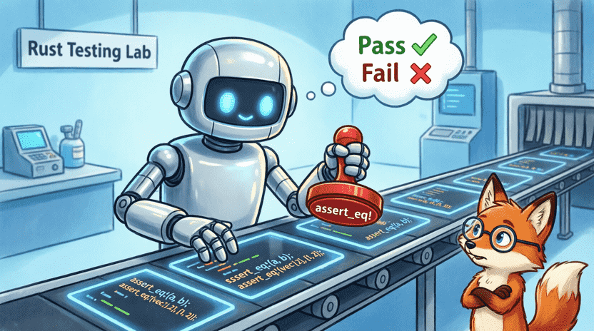 [Illustration: Cartoon illustration of a command-line terminal with floating speech bubbles. One bubble says “cargo run – word file.txt”. A small config card labeled “Config { query, path }” is being stamped “APPROVED”. Ferris watches with a checklist. Style: clean educational vector, bright colors, clear UI metaphor, 16:9.]