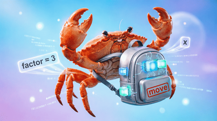 [Illustration: A cartoon crab wearing a futuristic backpack with glowing memory chips. Around the crab float variables like “factor = 3” and “x” being pulled into the backpack. A “move” tag is stamped on the backpack. Style: playful sci-fi educational, bright colors, 16:9.]