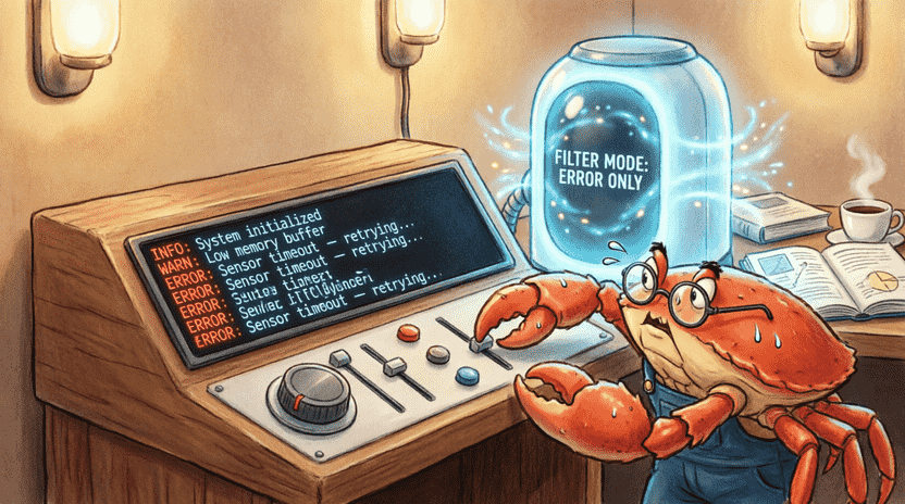 [Illustration: A cartoon control desk with a scrolling screen of log lines. A glowing filter machine catches only “ERROR” tags and drops them into a counting jar. Ferris adjusts a dial labeled “filter_map”. Style: cozy tech workspace, educational vector, warm lighting, 16:9.]